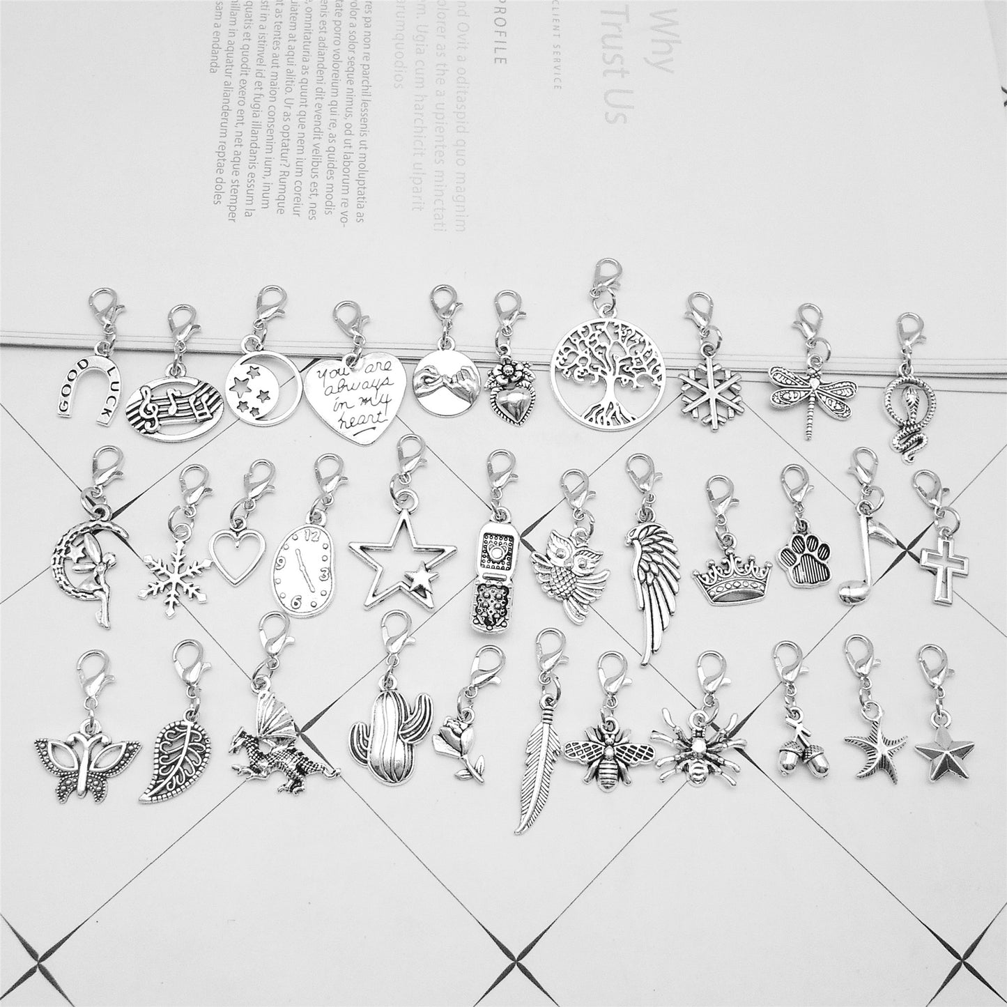 JJGQAZ 60 Pieces Silvery Clip on Charm Pendants Mixed Styles Dangle Charms