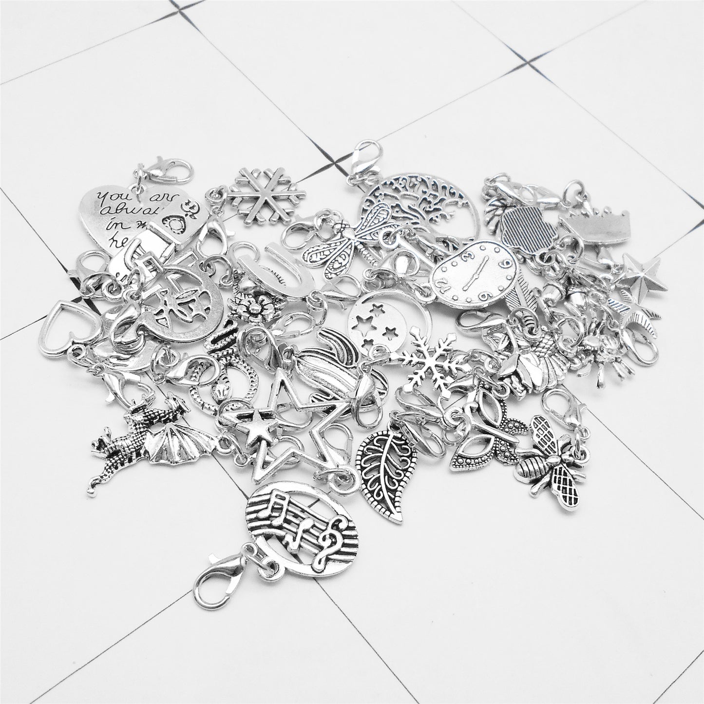JJGQAZ 60 Pieces Silvery Clip on Charm Pendants Mixed Styles Dangle Charms