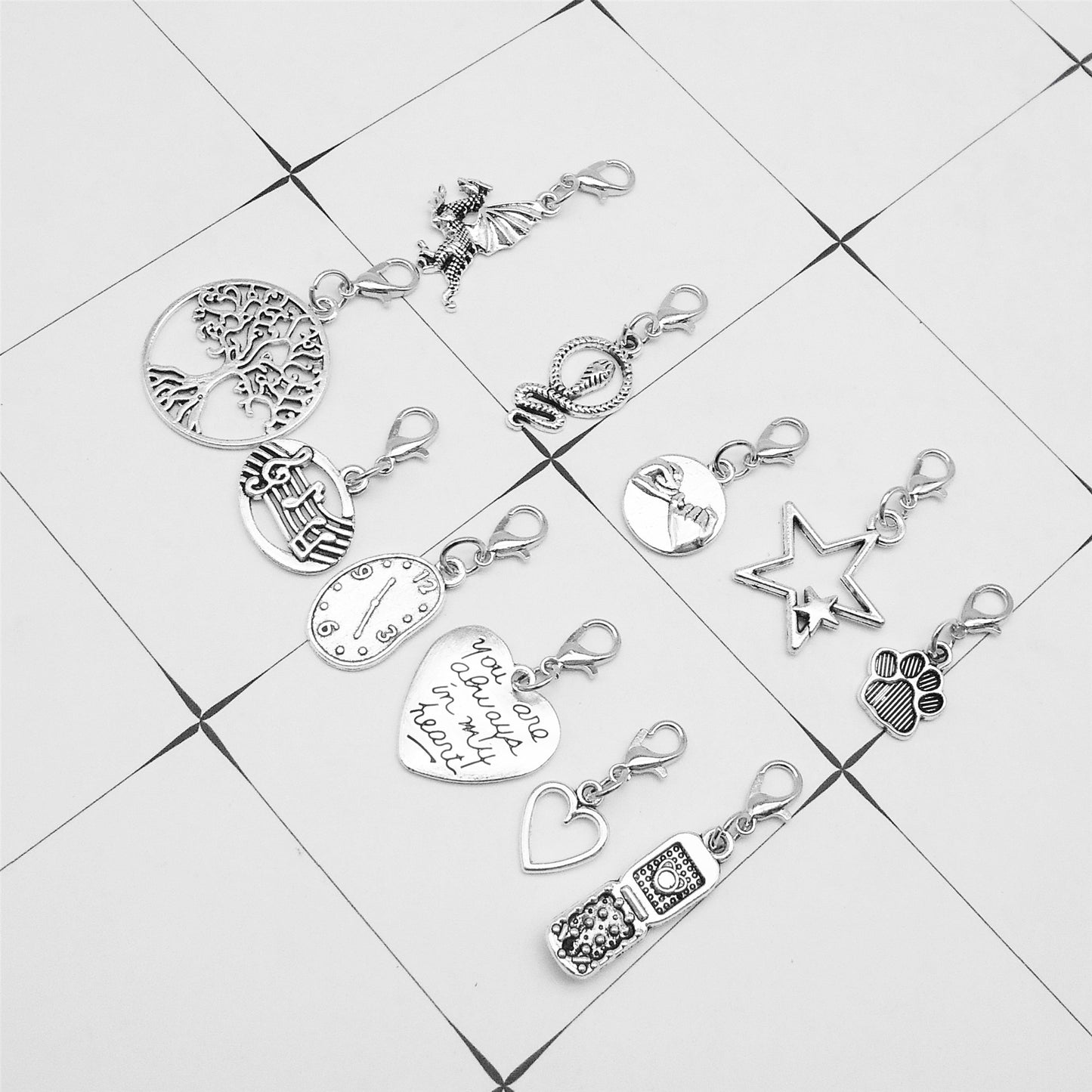 JJGQAZ 60 Pieces Silvery Clip on Charm Pendants Mixed Styles Dangle Charms