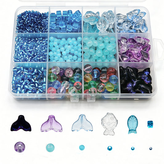 1 Box Blue Glass Beads Kit, Assorted Ocean Series Spacer Loose Beads DIY Supplies (About 1400pcs)