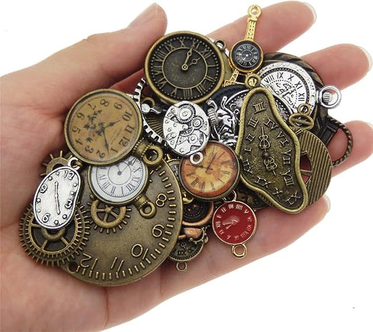 Wholesale 40pcs Mixed Clock Charms Antique Bronze Tibetan Silver Skeleton Steampunk Clock Watch Gear Pendant Charms for Jewelry Making DIY