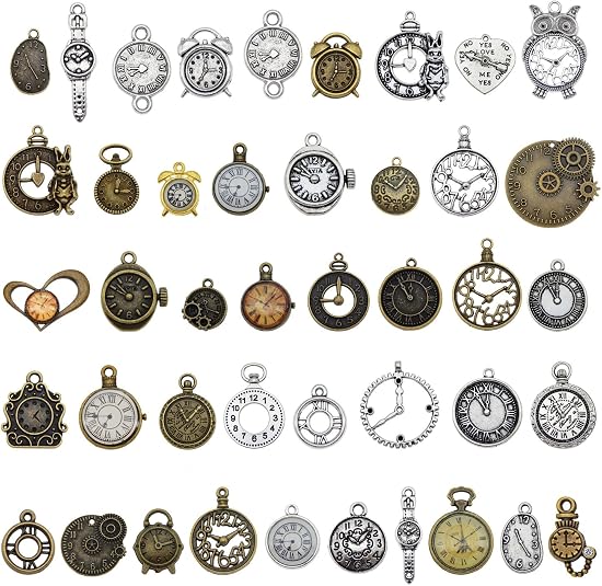 Wholesale 40pcs Mixed Clock Charms Antique Bronze Tibetan Silver Skeleton Steampunk Clock Watch Gear Pendant Charms for Jewelry Making DIY