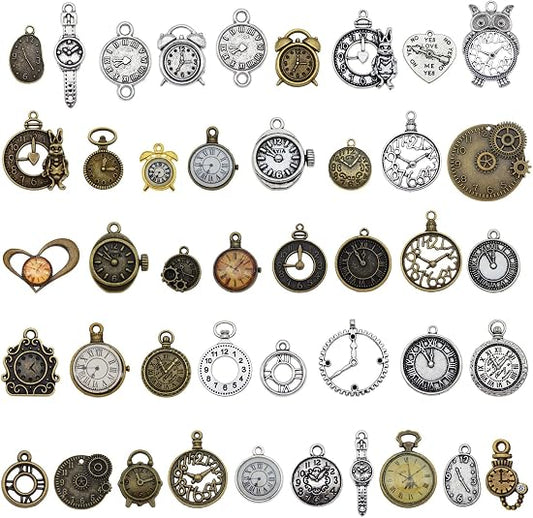200g (About 70-100pcs) Vintage Steampunk Clock Charms Mixed Antique Silver Bronze Clock Watch
