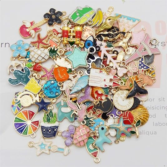 200Pcs(100PAIRS) Golden Enamel Charms for Jewelry Making, Wholesale Assorted Flower Fruit Animal Bowknot
