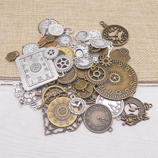 Wholesale 40pcs Mixed Clock Charms Antique Bronze Tibetan Silver Skeleton Steampunk Clock Watch Gear Pendant Charms for Jewelry Making DIY