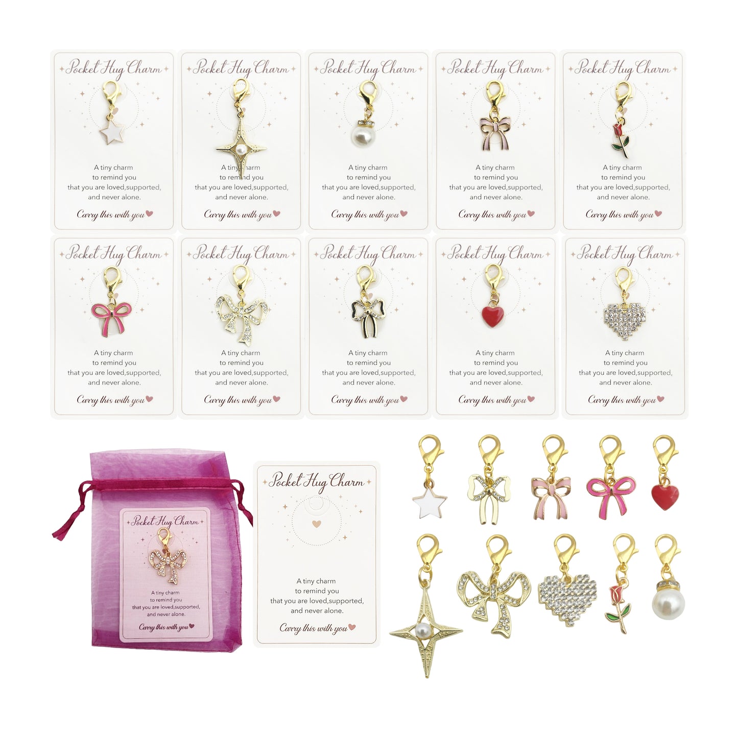 20 Pocket Hug Charm Keychains with Organza Pouch Bags