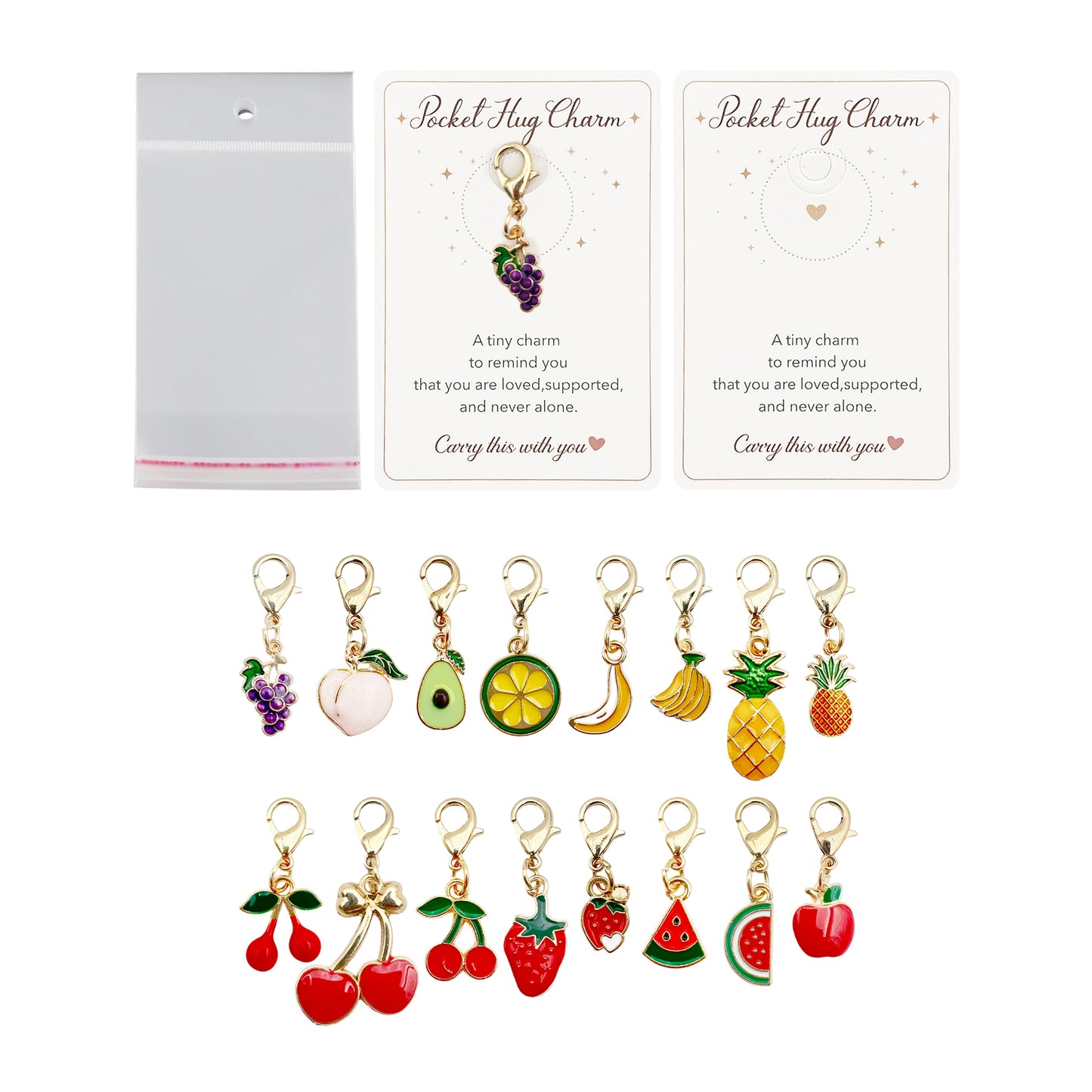 32PC Pocket Hug Charm Fruit Keychain Charms with Message Cards & Bags, Small Gift Token (16 designs)