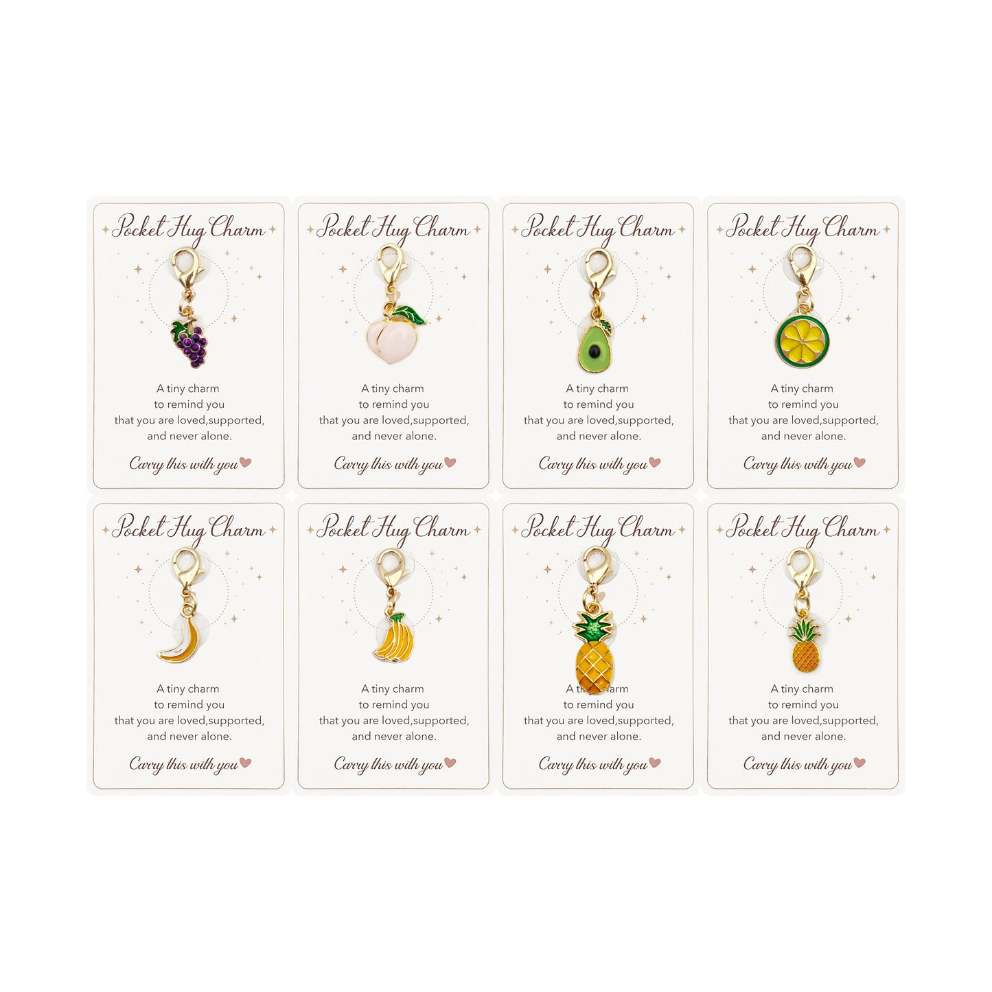 32PC Pocket Hug Charm Fruit Keychain Charms with Message Cards & Bags, Small Gift Token (16 designs)